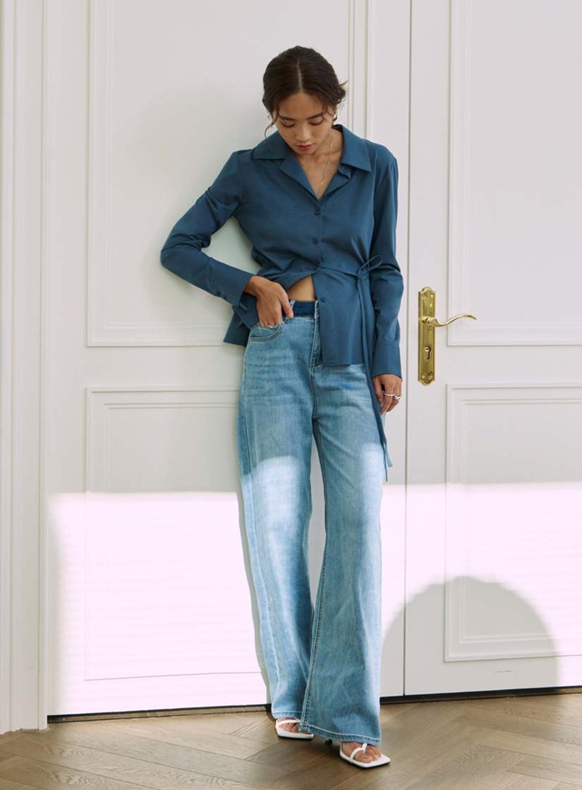 不對稱領彈力綁帶長袖襯衫